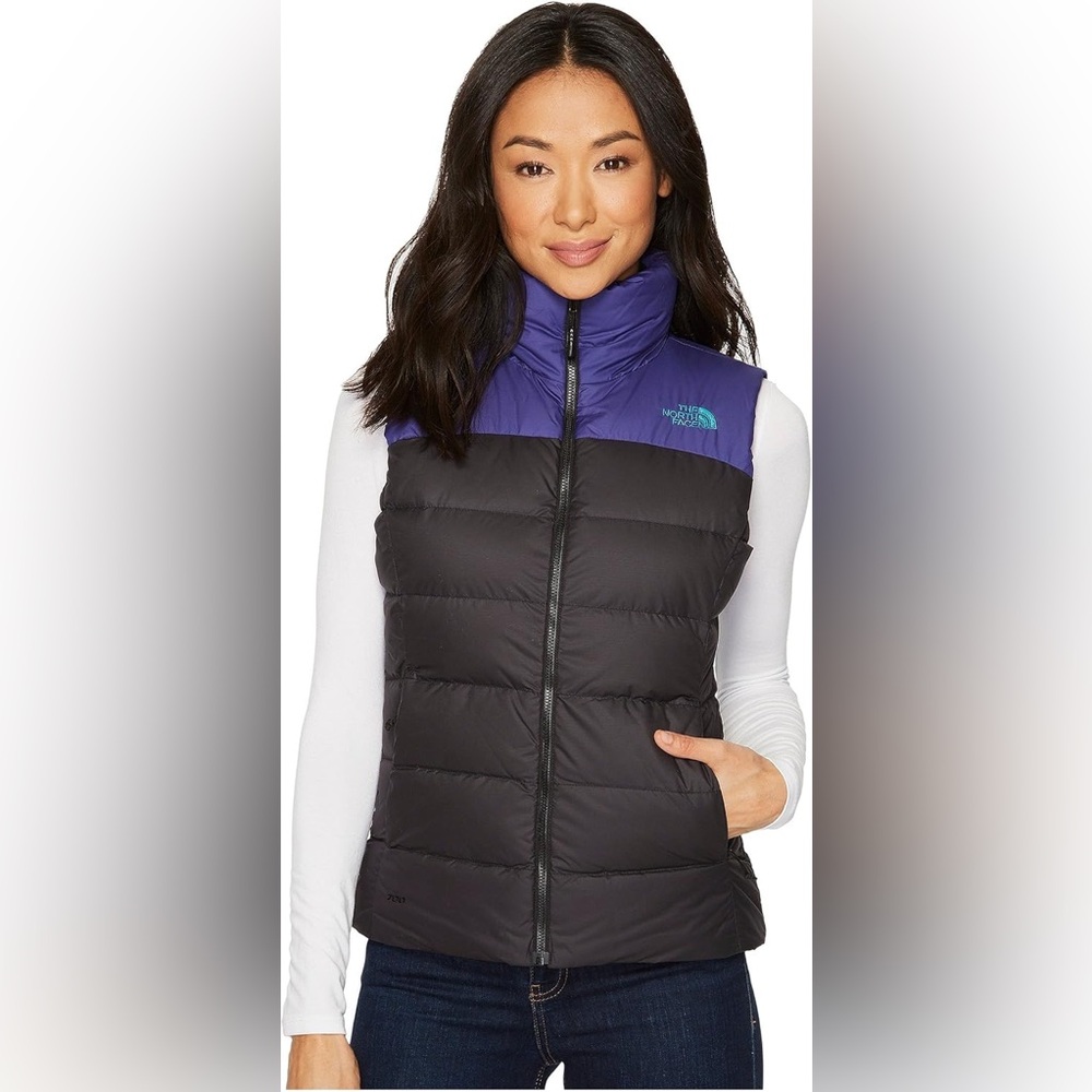 The North Face Women's Nuptse 700 Down Puffer Vest in Black/Bright Navy -SM